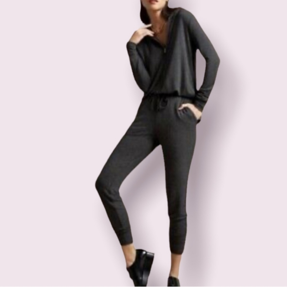 CAbi Charcoal Gray Rayon Hooded Zip Front Jumpsuit
